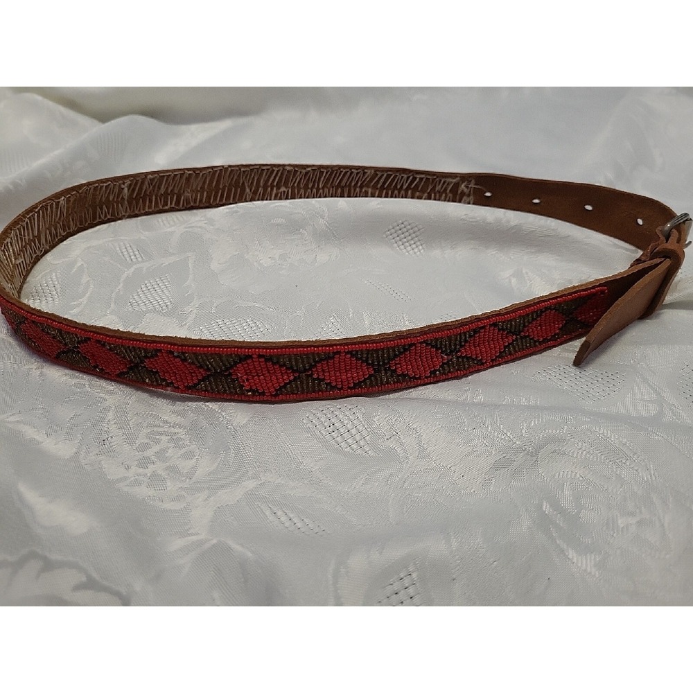 Hand Crafted Women's Southwestern Beaded Leather Belt Red Tan Black 38 Inch